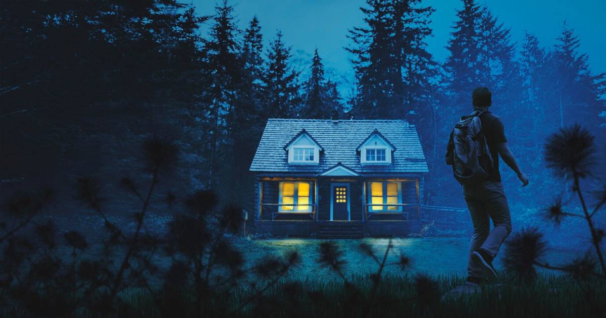 A lone traveler approaches a cozy wooden cabin, glowing warmly in a misty, dark forest at twilight.