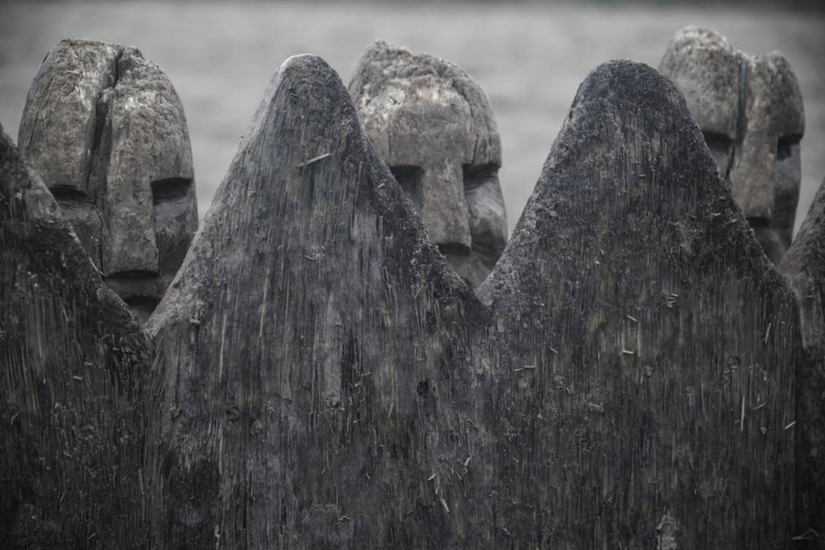Three weathered, stone faces peering over a jagged, wooden fence against a muted background.