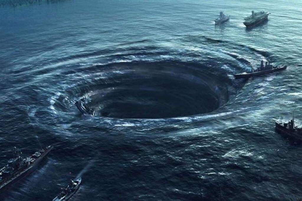 A dramatic whirlpool in the ocean, surrounded by ships, creates turbulent waves and a dark, swirling vortex in the water.