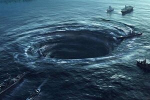 A dramatic whirlpool in the ocean, surrounded by ships, creates turbulent waves and a dark, swirling vortex in the water.