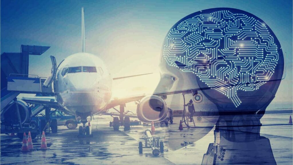 A futuristic airport scene showing an airplane and an abstract human head with a circuit board pattern, symbolizing AI integration in aviation.