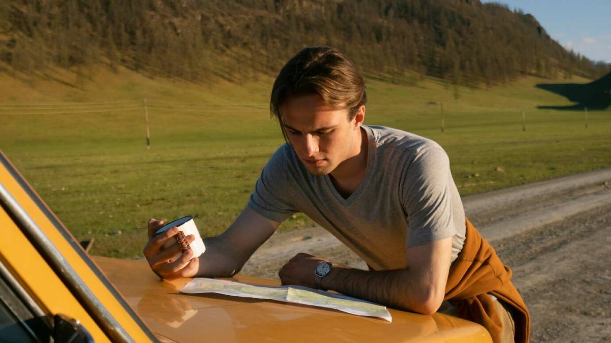 A person wearing a gray t-shirt leans on a yellow car, holding a cup and studying a map against a scenic green landscape.