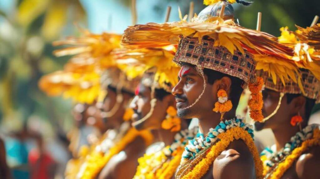 A line of individuals wearing vibrant floral headgear and jewelry, celebrating a colorful cultural event outdoors.