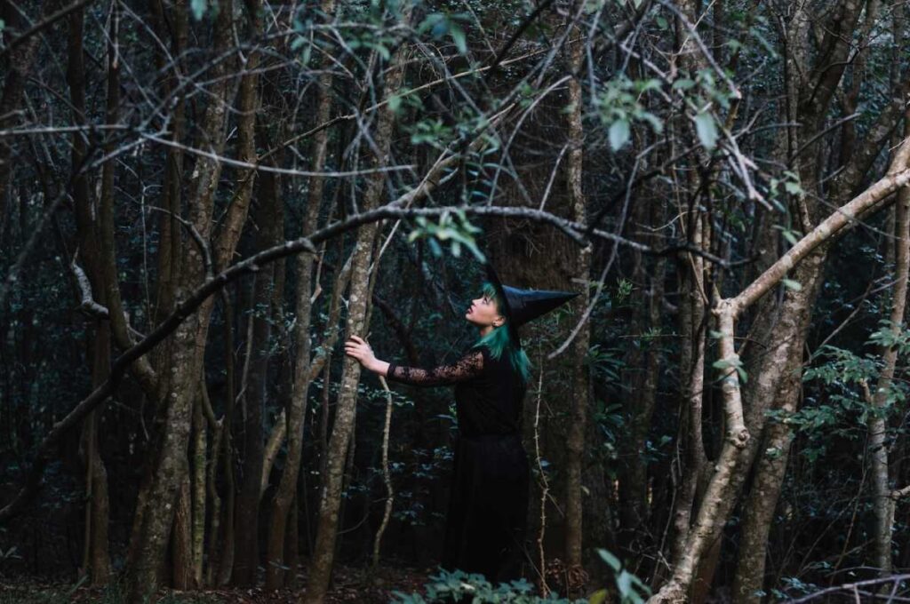 A woman with green hair and a witch's hat stands among dark trees, gazing upward in a mysterious forest.