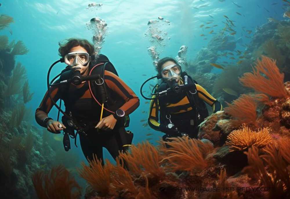 Two scuba divers explore a vibrant coral reef, surrounded by orange sea fans and small fish. The scene conveys adventure and tranquility underwater.