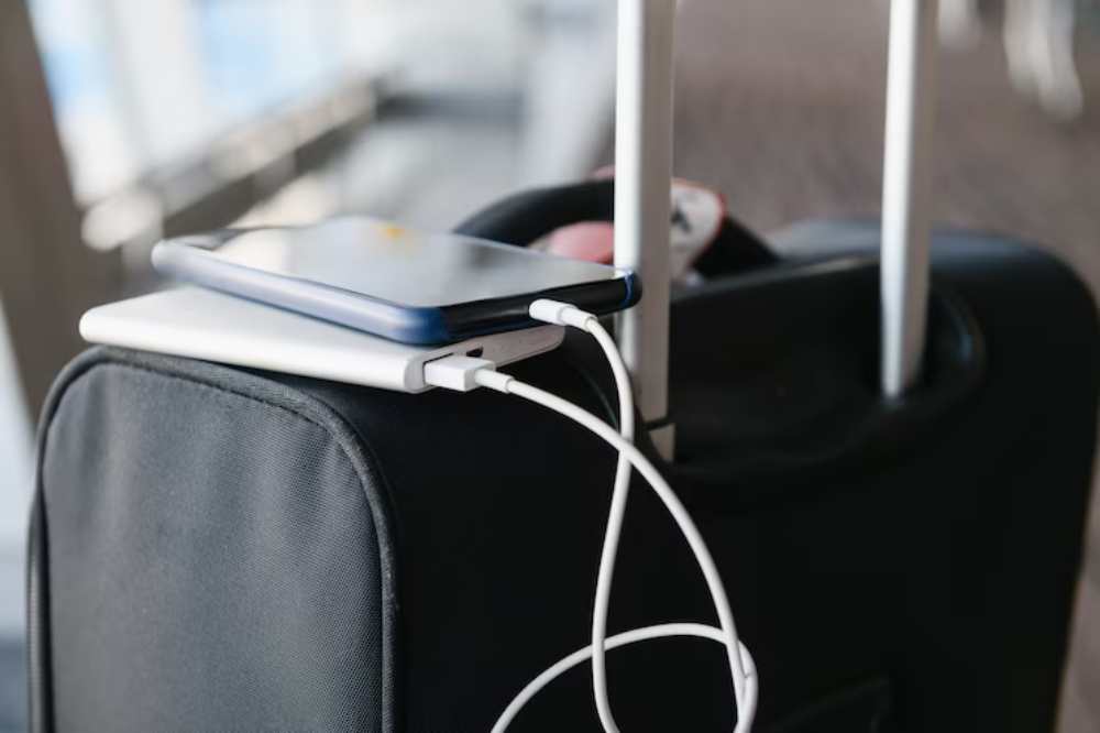A smartphone and a power bank are charging on a black suitcase in a bright airport setting.