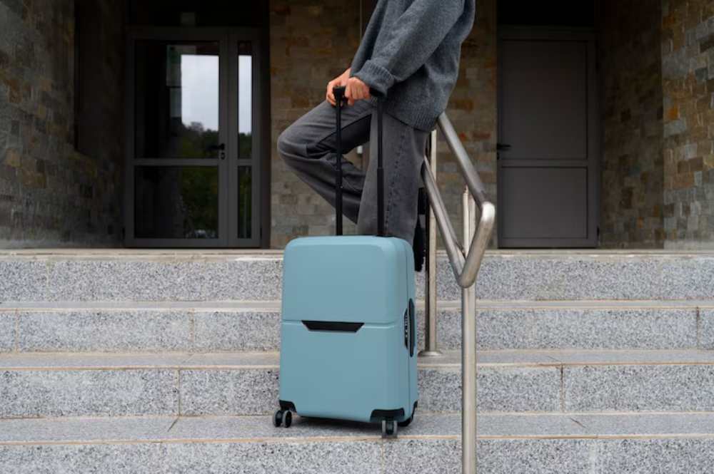 A person stands beside a light blue smart suitcase on stairs, holding its retractable handle.